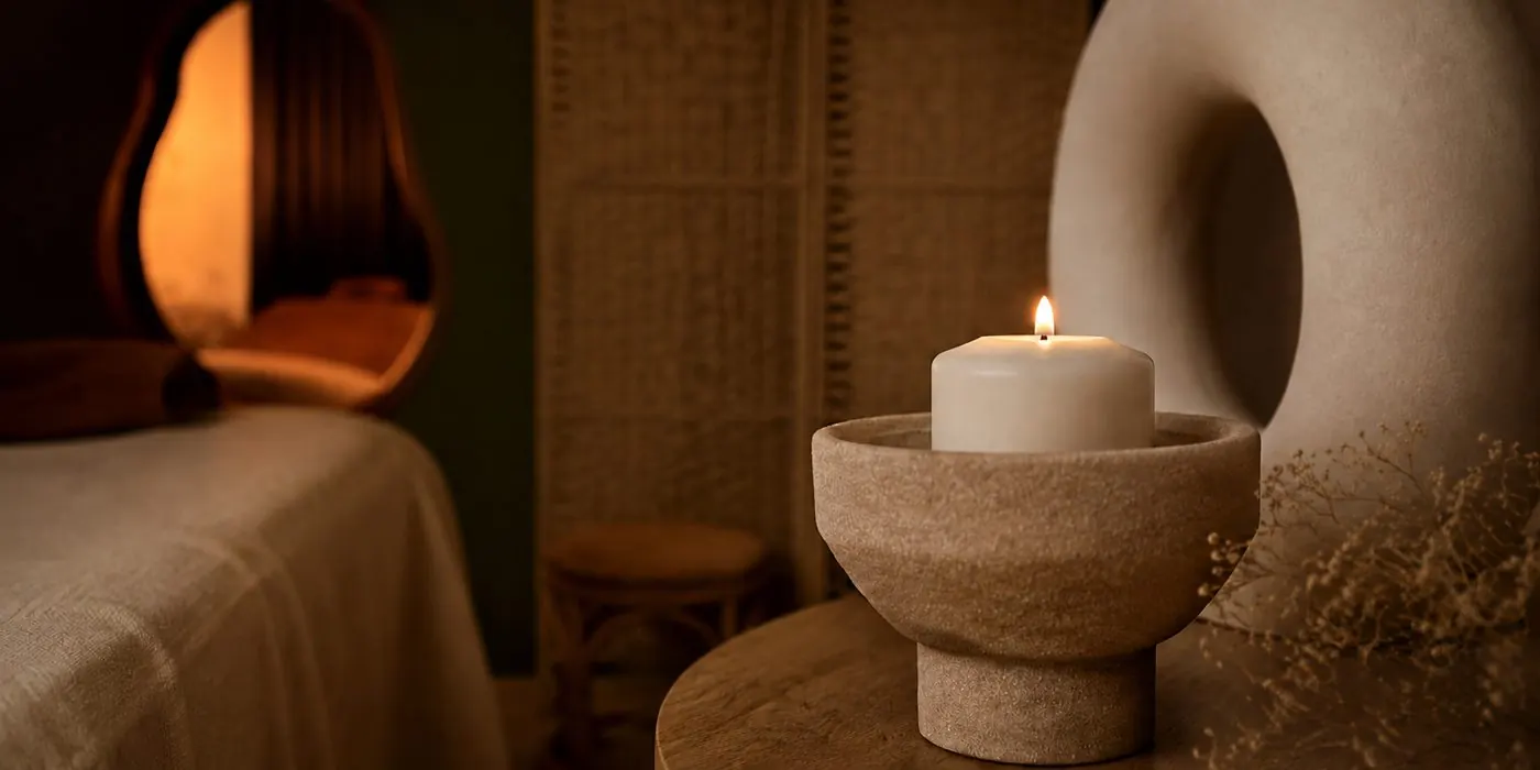 Brandende kaars zorgt voor warm, gedempt licht in de massagepraktijk van Lilies Studio in Lemele